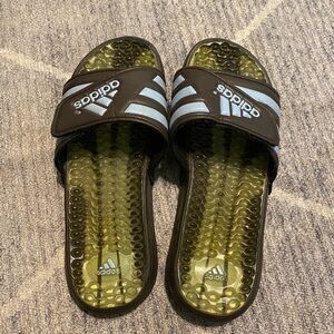 Adidas gel black and blue slide sandals, men’s size 10